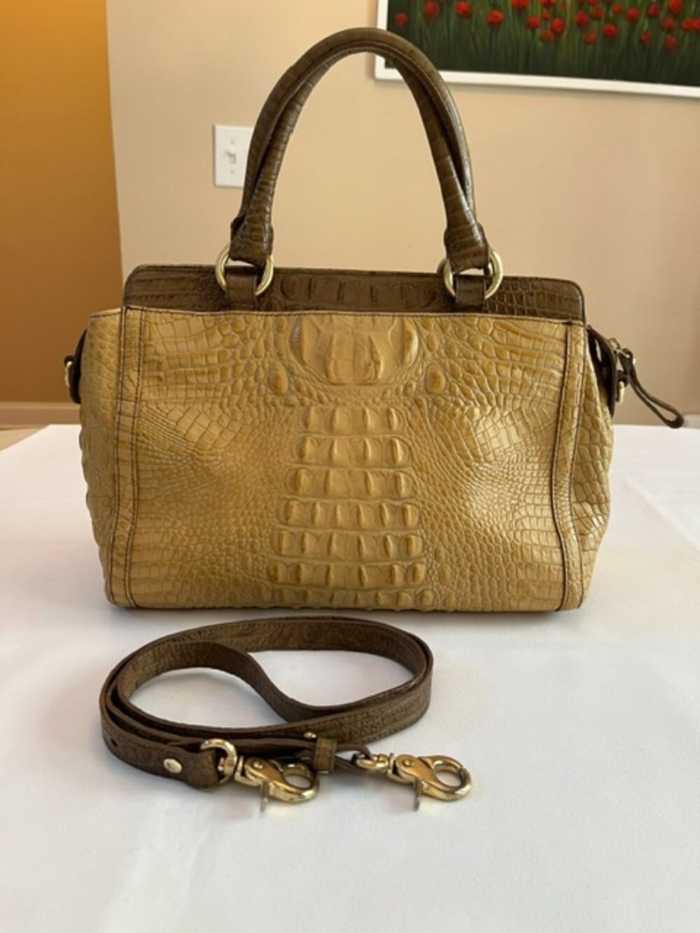 BRAHMIN | Brown and Tan Croc Embossed Leather Handbag Satchel Crossbody-EUC - Picture 4 of 16